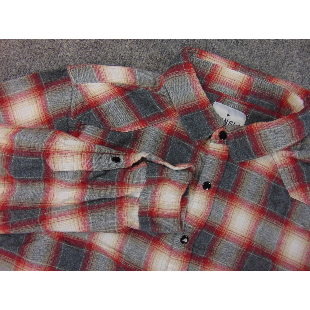 YoungLA Flannel Shirt Mens Large Red Gray Plaid Distressed Raw Hem Western Snaps